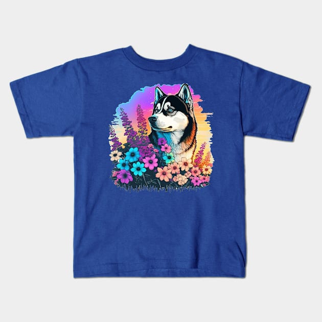 Siberian husky in the fllowers Kids T-Shirt by Antzyzzz